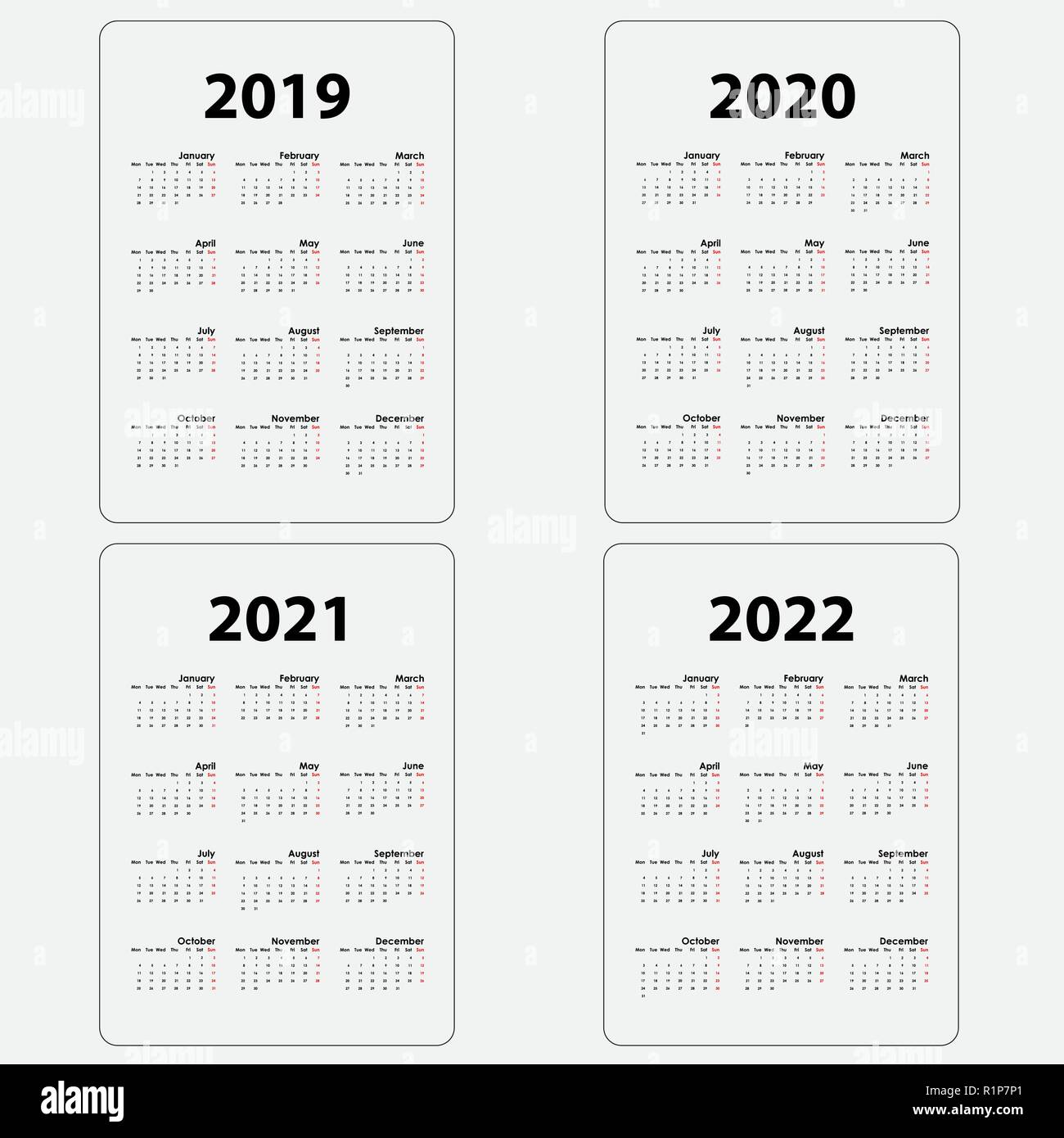 Calendario 2019,2020,2021 y 2022 plantilla.design.Calendario calendario  anual de diseño vectorial papelería template.ilustración vectorial Imagen  Vector de stock - Alamy