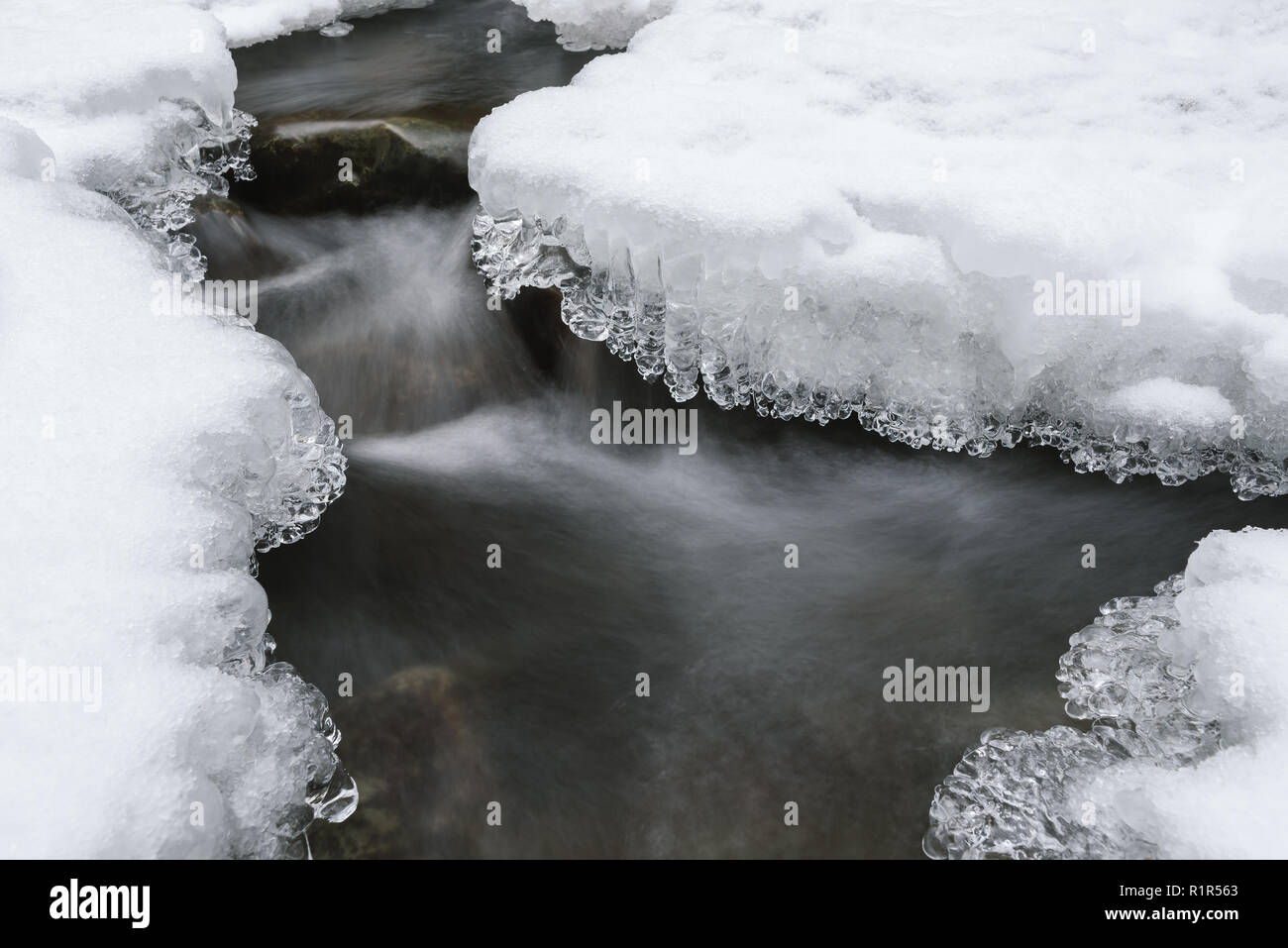 Río bajo el hielo y la nieve. Hermosos carámbanos Foto de stock