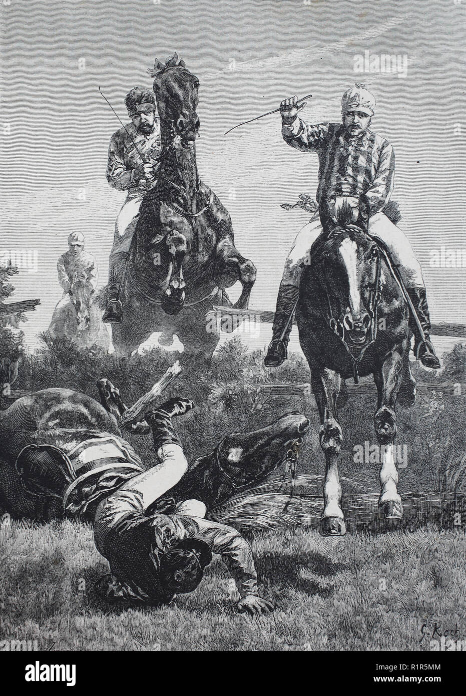 Mejor reproducción digital, un accidente en torneo de equitación militar original, Imprimir desde el año 1880 Foto de stock
