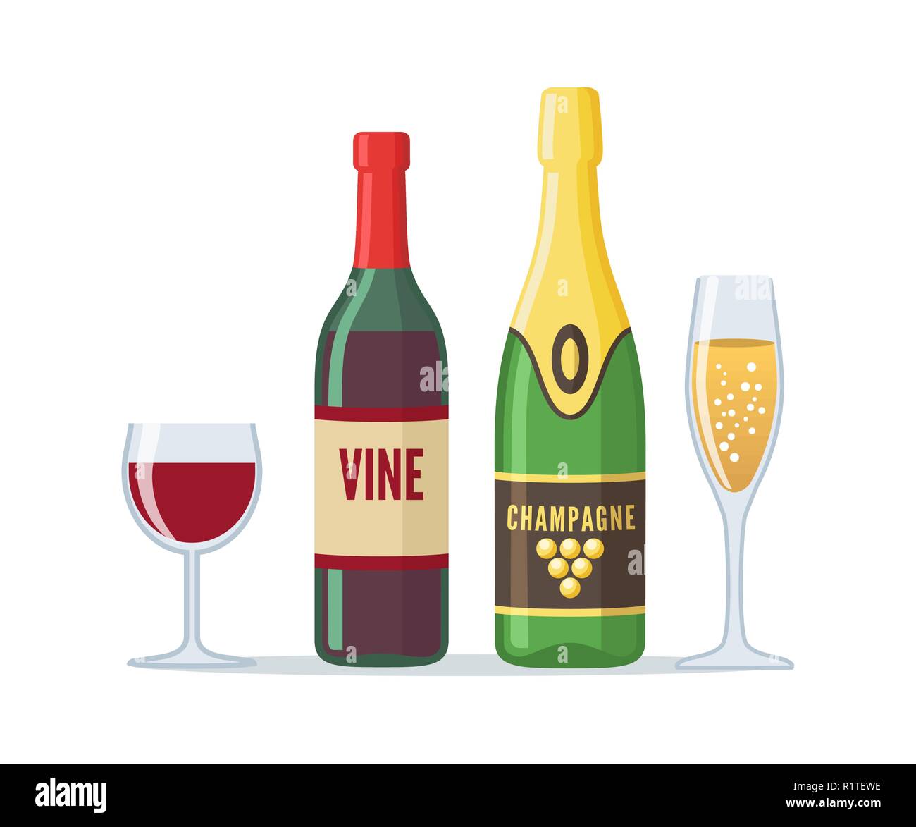Botellas de vino tinto y champaña, icono de estilo plano. Ilustración del Vector