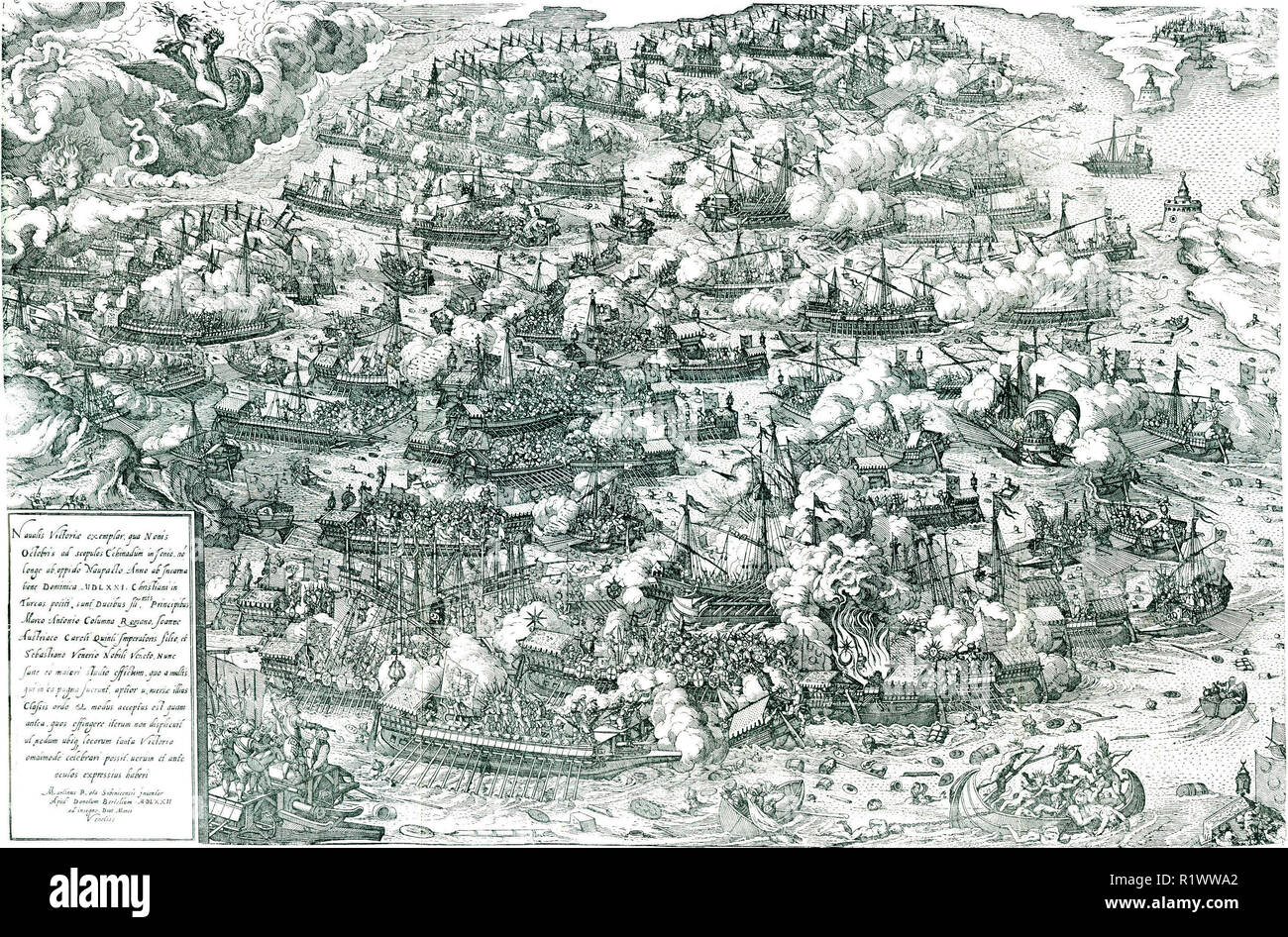 La batalla de Lepanto, grabado por Martin Rota, 1572. La batalla de Lepanto fue un compromiso naval que tuvo lugar el 7 de octubre de 1571 cuando una flota de la Liga Santa, encabezada por la República de Venecia y el Imperio Español, infligió una gran derrota en la flota del Imperio Otomano, en el golfo de Patras. Foto de stock