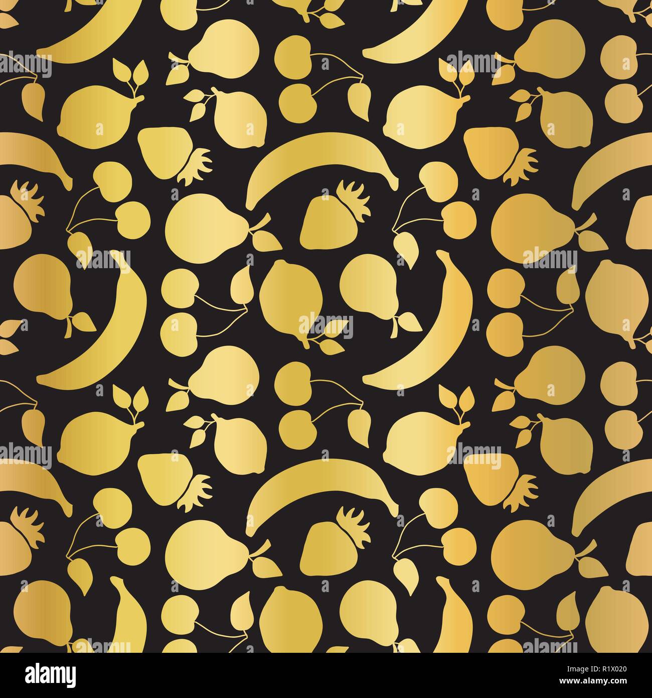 Lámina de oro frutos seamless vector patrón. Brillante dorado fresa, pera,  cereza, limón, plátano sobre fondo negro. Elegante, Lujosa comida para  imprimir papel, envases, banners web, decoración, menú Imagen Vector de  stock -