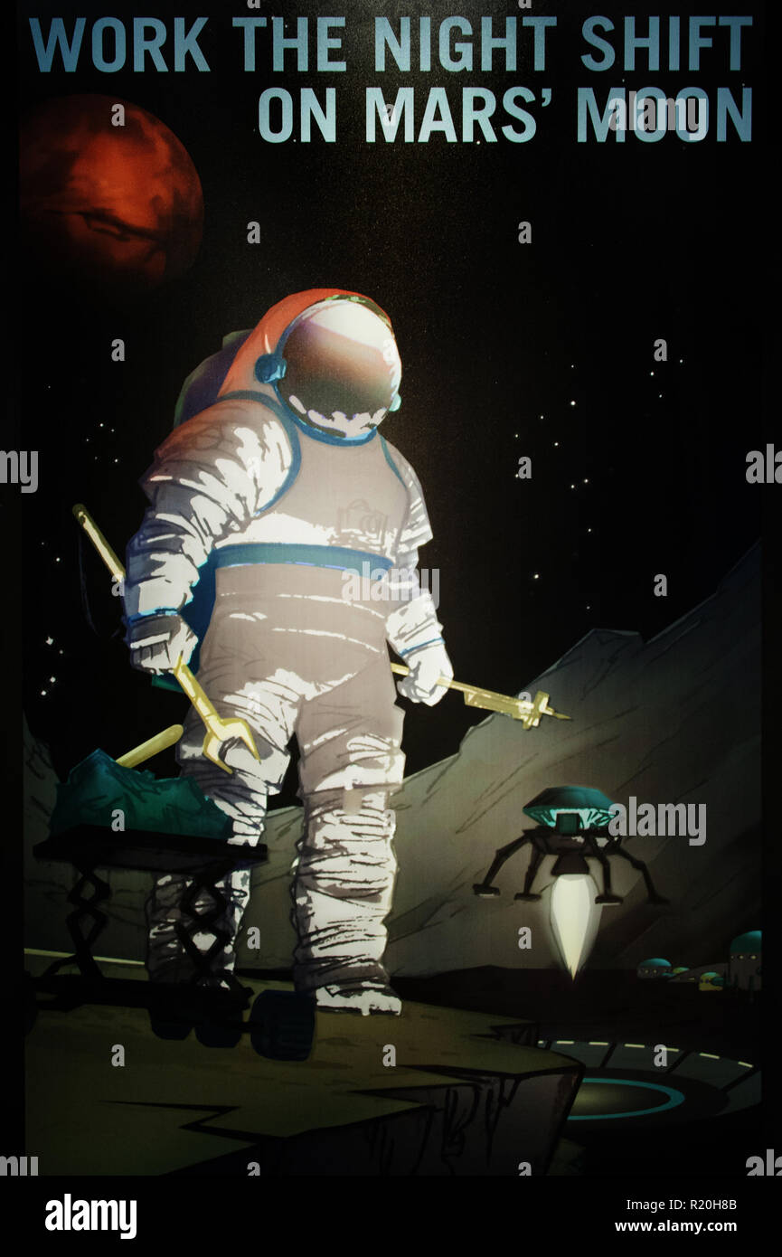 Espacio educativo póster en color animación ilustración acerca de las misiones de los astronautas en el espacio Foto de stock