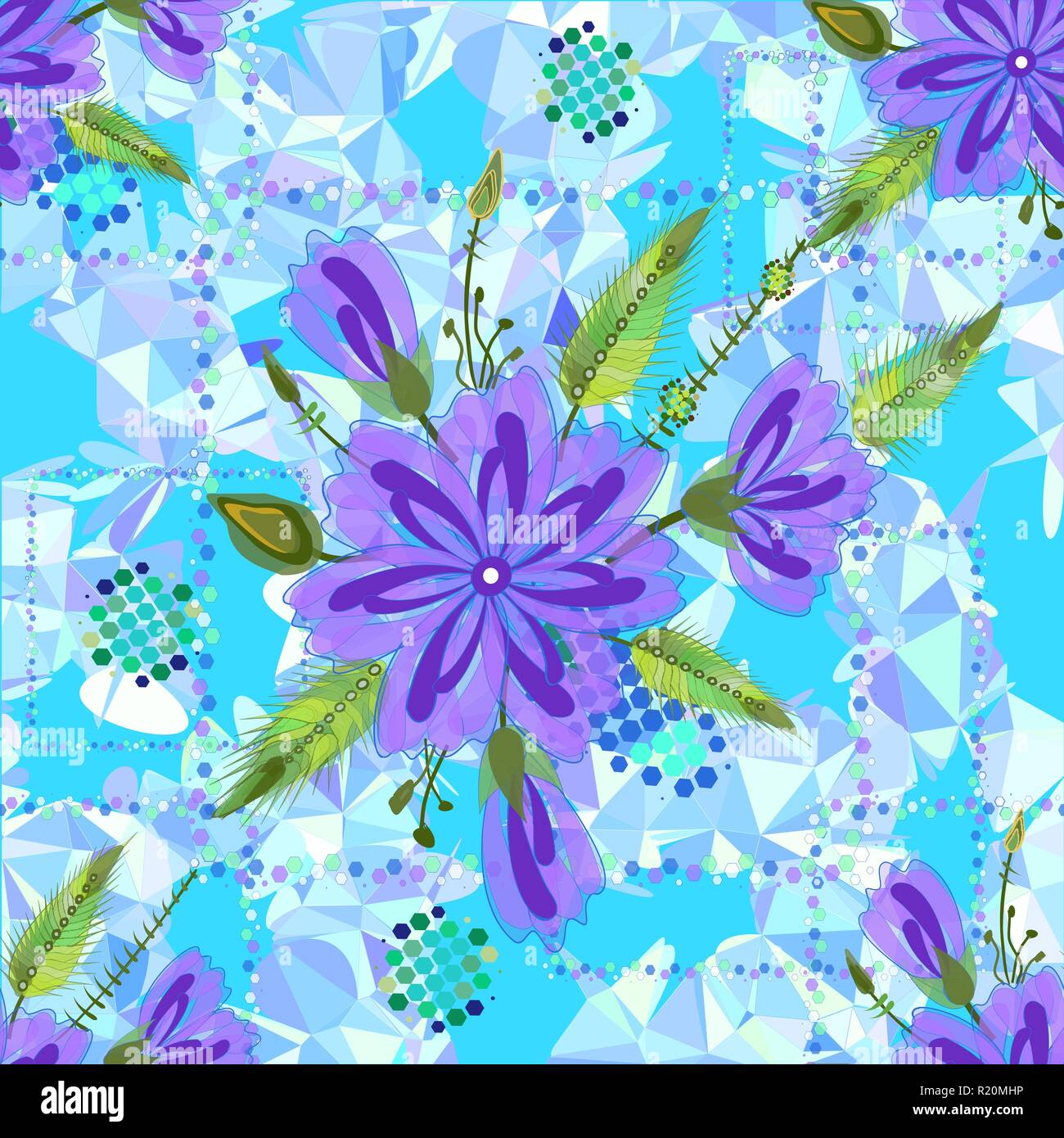 Increíble seamless patrón floral con hojas y flores de colores brillantes sobre fondo azul. El elegante la plantilla para impresiones de moda. Ilustración del Vector