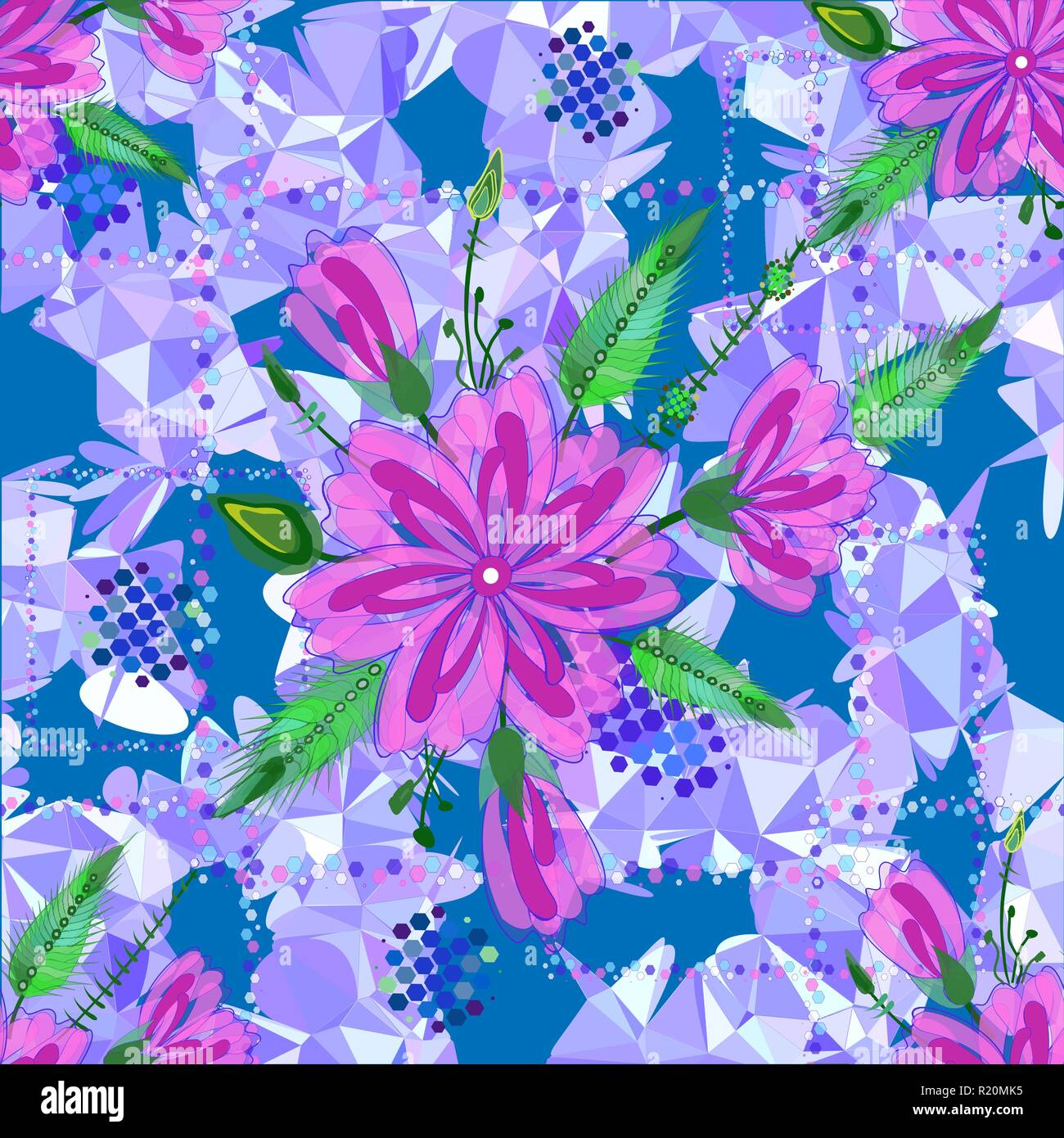 Increíble patrón floral con hojas y flores de colores brillantes sobre fondo azul. El elegante la plantilla para impresiones de moda. Moderno backgr florales Ilustración del Vector