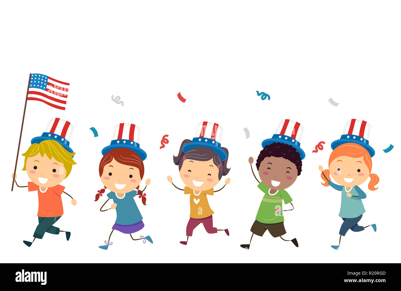Ilustración de Stickman niños sosteniendo una bandera y vistiendo el Tío Sam Hat Foto de stock