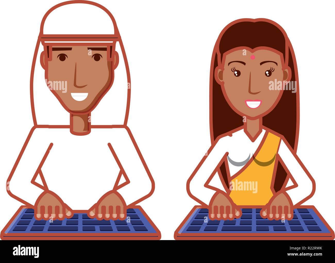 pareja de árabes e indios con ilustración vectorial de dispositivos de