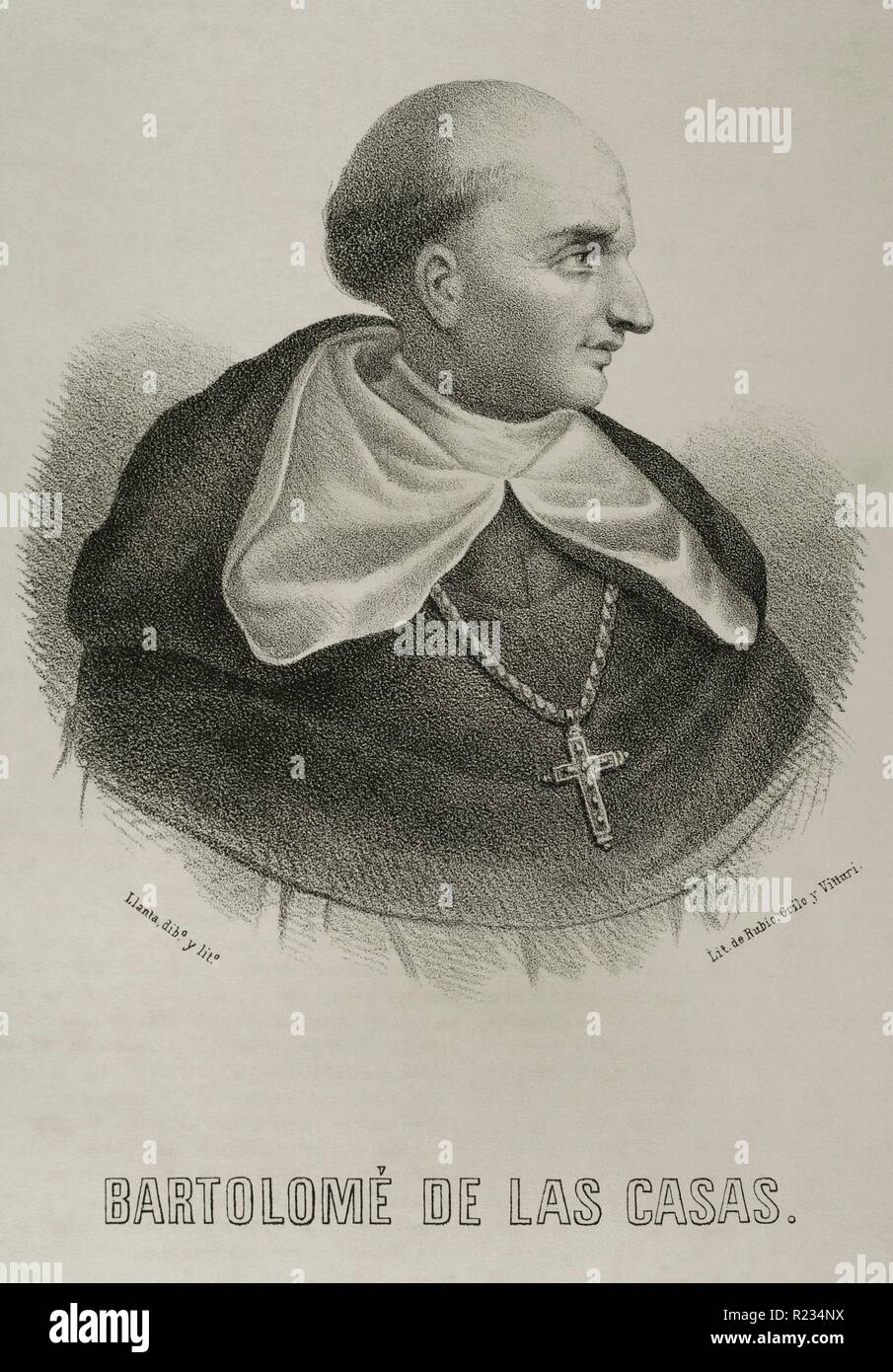 Bartolomé de las Casas (Sevilla, 1474-Madrid, 1566). Encomendero español,  fraile dominico, cronista, obispo de Chiapas. Principal defensor de los  indígenas y autor de "Brevísima relación de la destrucción de las Indias".  Dibujo