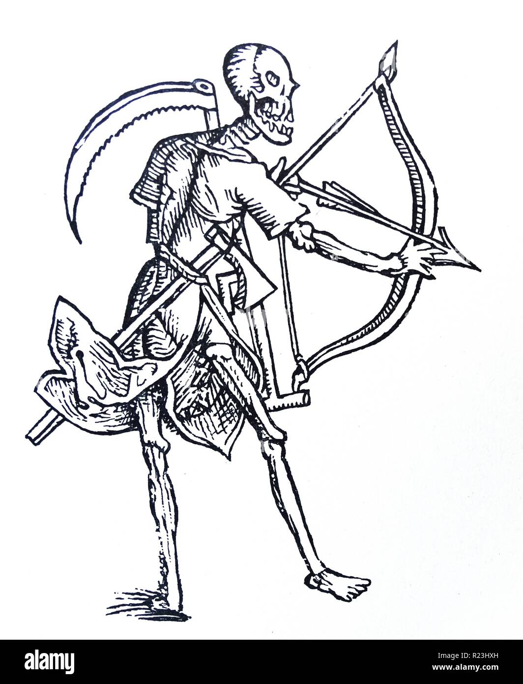 Dibujo de línea medieval de la muerte con un arco y una guadaña. Fecha del siglo XIII. Foto de stock
