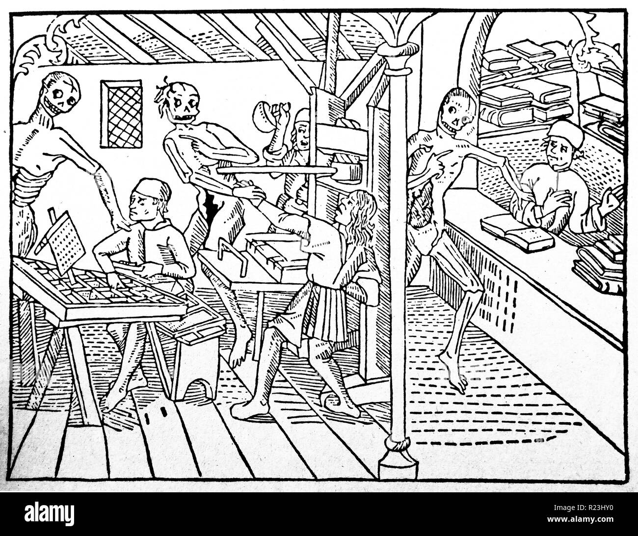 El dibujo titulado 'La concesión danza macabra" de uno de los primeros libros impresos. La muerte es representado el cuidado fuera de las impresoras y los libreros. Fecha del siglo XIV. Foto de stock