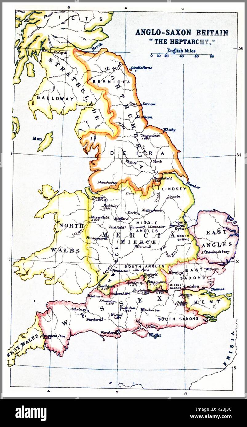 1914 mapa mostrando la Heptarchy (del griego hepta, siete). El nombre aplicado a los reinos anglosajones del sur, este y centro de Inglaterra durante la antigüedad tardía y la Alta Edad Media, convencionalmente identificadas como siete: Northumbria, Mercia, Anglia Oriental, Essex, Kent, Sussex y Wessex. Los reinos anglosajones finalmente unificadas en el Reino de Inglaterra Foto de stock