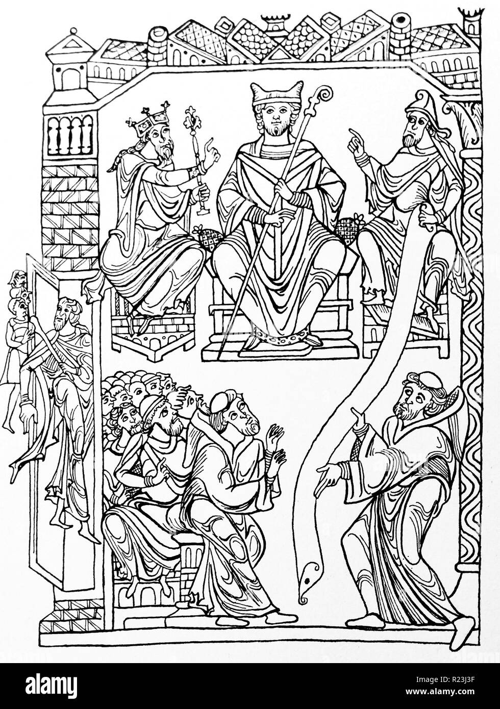 Dibujo de líneas de San Benito hace entrega de su libro (la regla) a un grupo de monjes que simboliza la fundación del monaquismo occidental. Fecha del siglo XII. Foto de stock