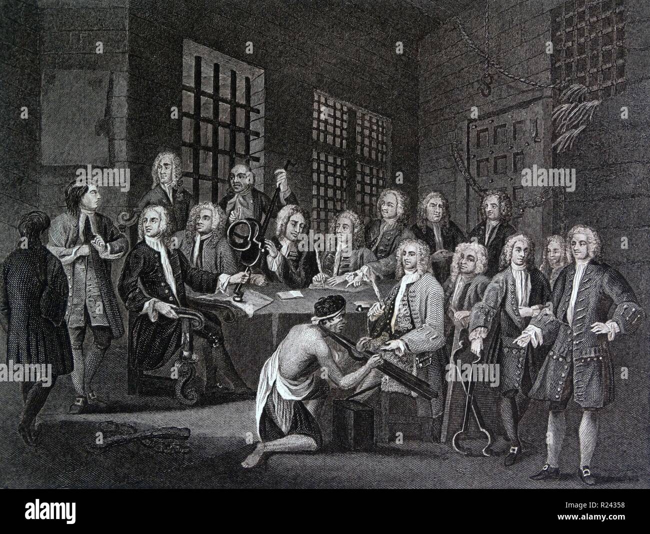 Grabado por el artista británico & Grabador, William Hogarth 1697-1764: Bambridge en juicio por asesinato por un Comité de la Cámara de los Comunes, grabado por Thomas Cook 1803 SIGLO XVIII Foto de stock