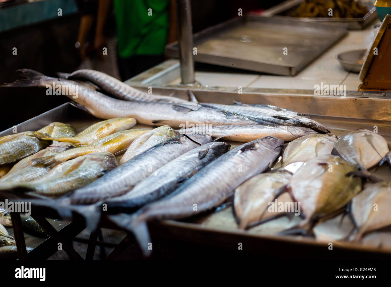 Selección de pescados crudos tailandés en el mercado local en Krabi. Forma tradicional de venta de marisco fresco en el sudeste de Asia. Foto de stock