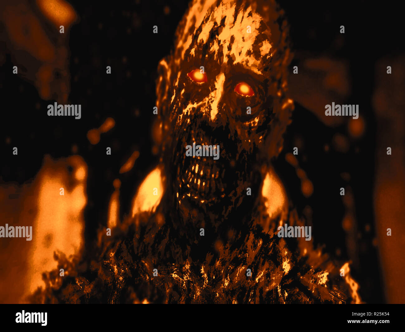 Zombie negro con brillantes ojos rojos. Fondo de color naranja. Ilustración en el género de horror. Foto de stock