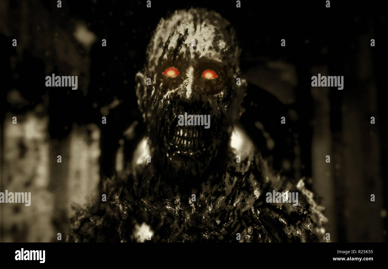 Zombie con brillantes ojos rojos caminando en los pasillos de la casa abandonada. Ilustración en el género de horror. Scary monster personaje Foto de stock