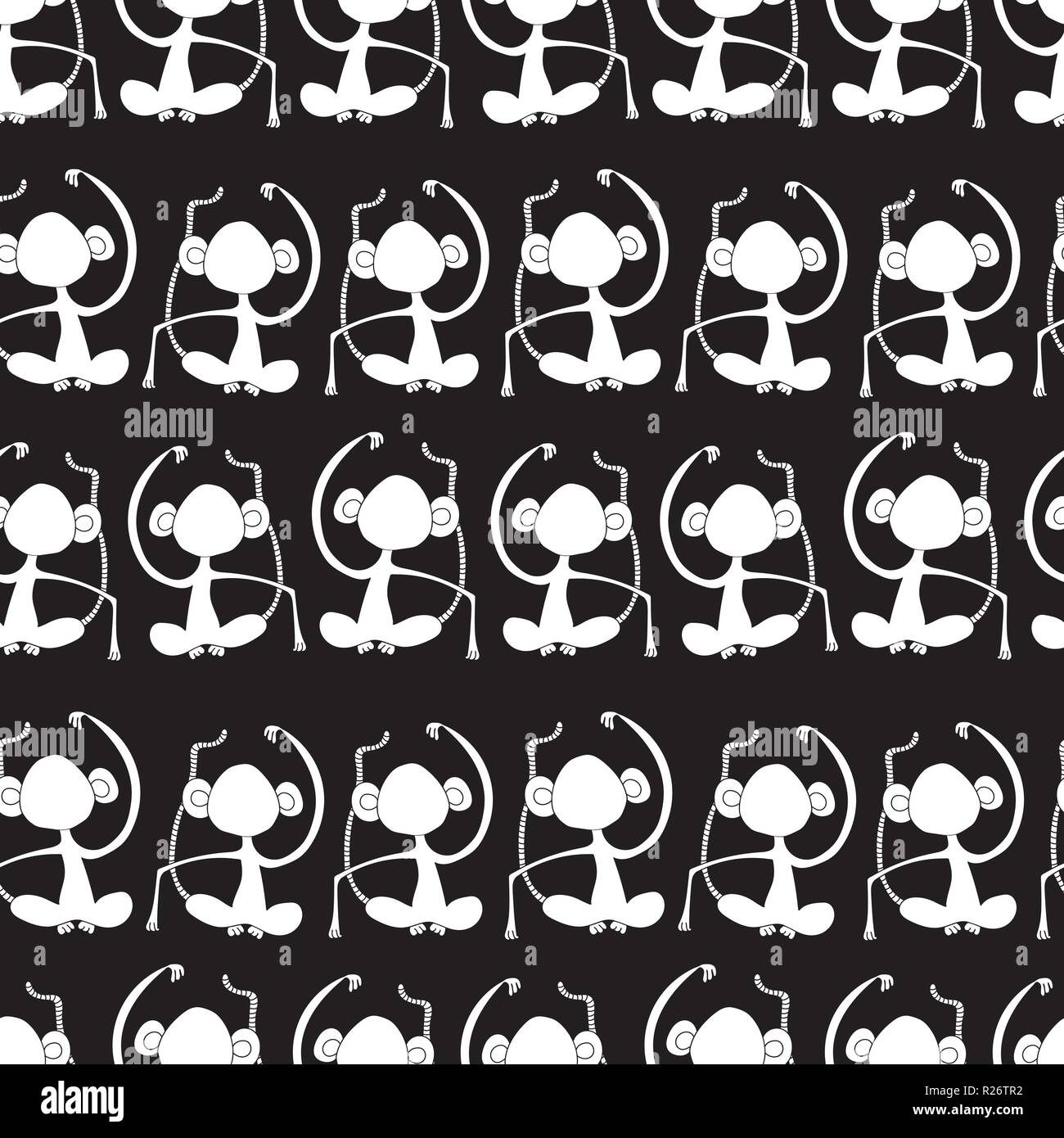 Siluetas de mono blanco sobre negro de fondo de la trama perfecta.  Meditando monos. Estupendo para niños mercado, decoración para niños, niños,  diseño de tela, papel tapiz Imagen Vector de stock -