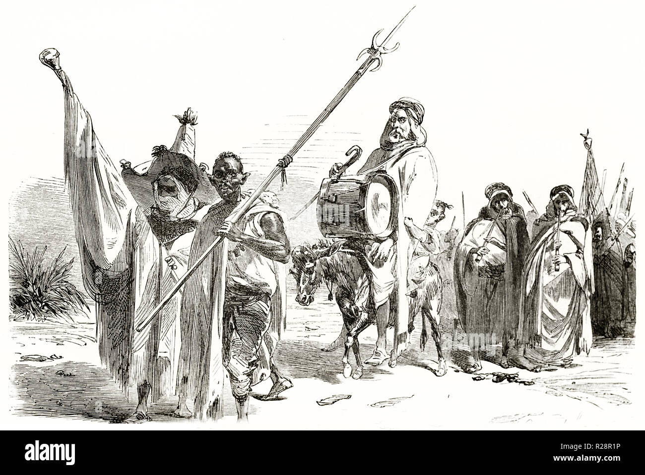 Ilustración antigua representando la mendicidad morabitos, Argelia. Por Couverchel, publ. en le Tour du Monde, París, 1863 Foto de stock