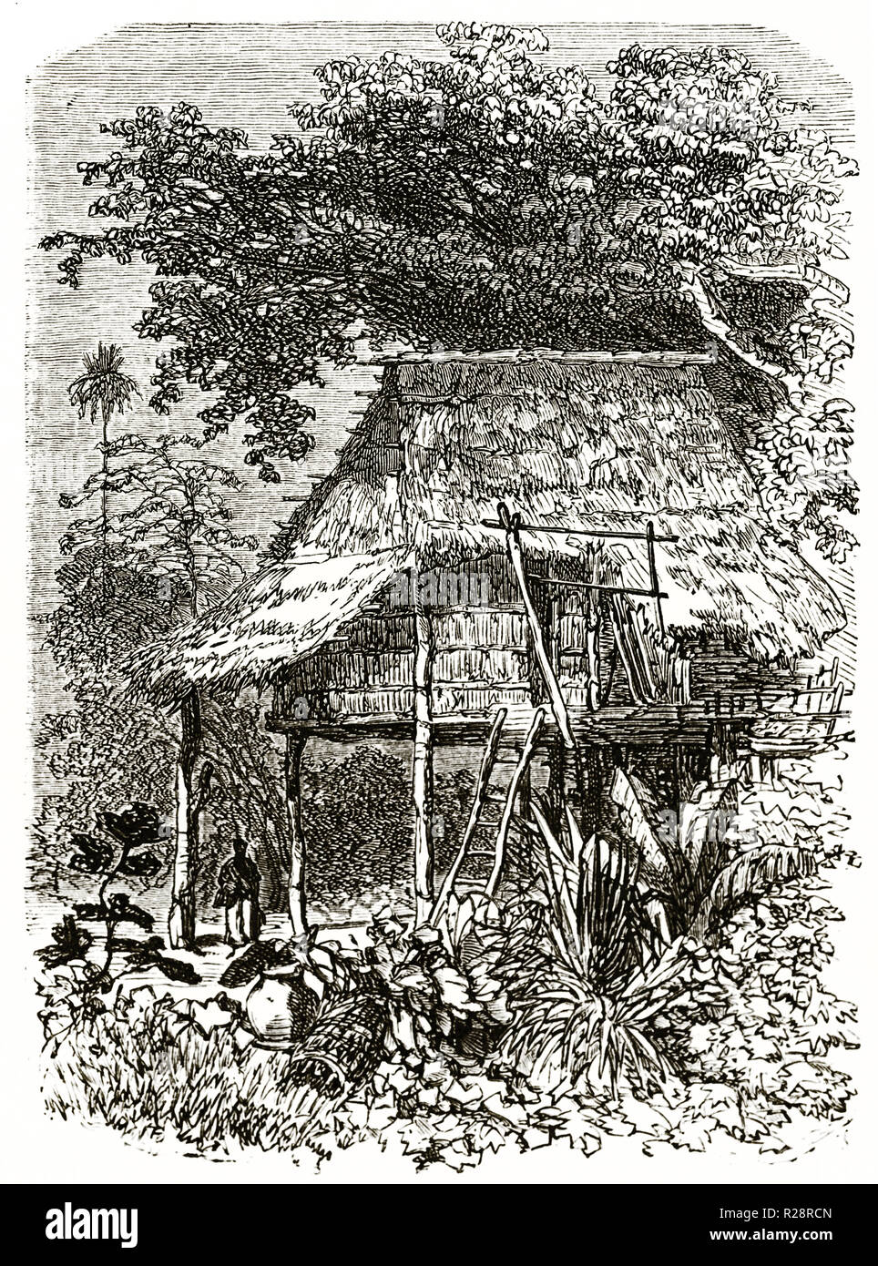 Ilustración de la vieja cabaña de Laos. Por Sabatier después Mouhot, publ. en le Tour du Monde, París, 1863 Foto de stock