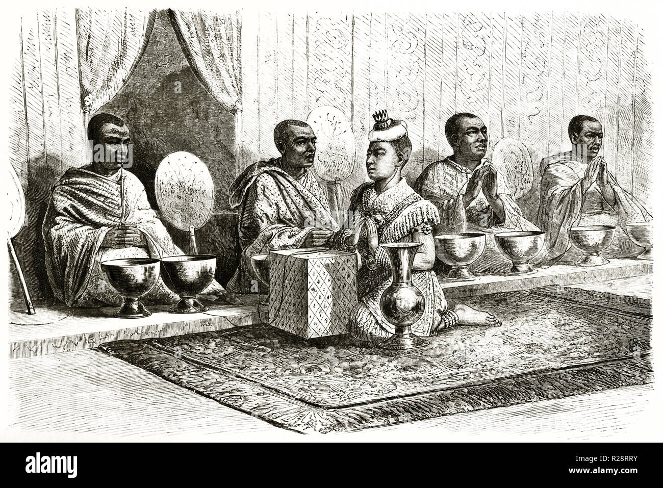 Ilustración antigua representando tonsura ceremonia, Tailandia. Por Bocourt, publ. en le Tour du Monde, París, 1863 Foto de stock