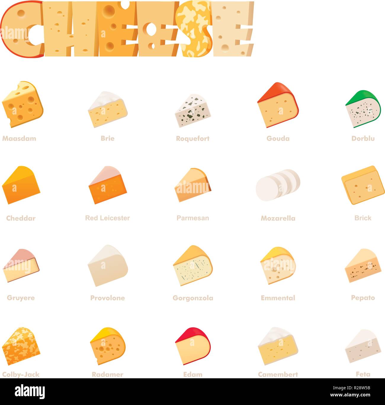 Tipos de queso Vector conjunto de iconos Ilustración del Vector