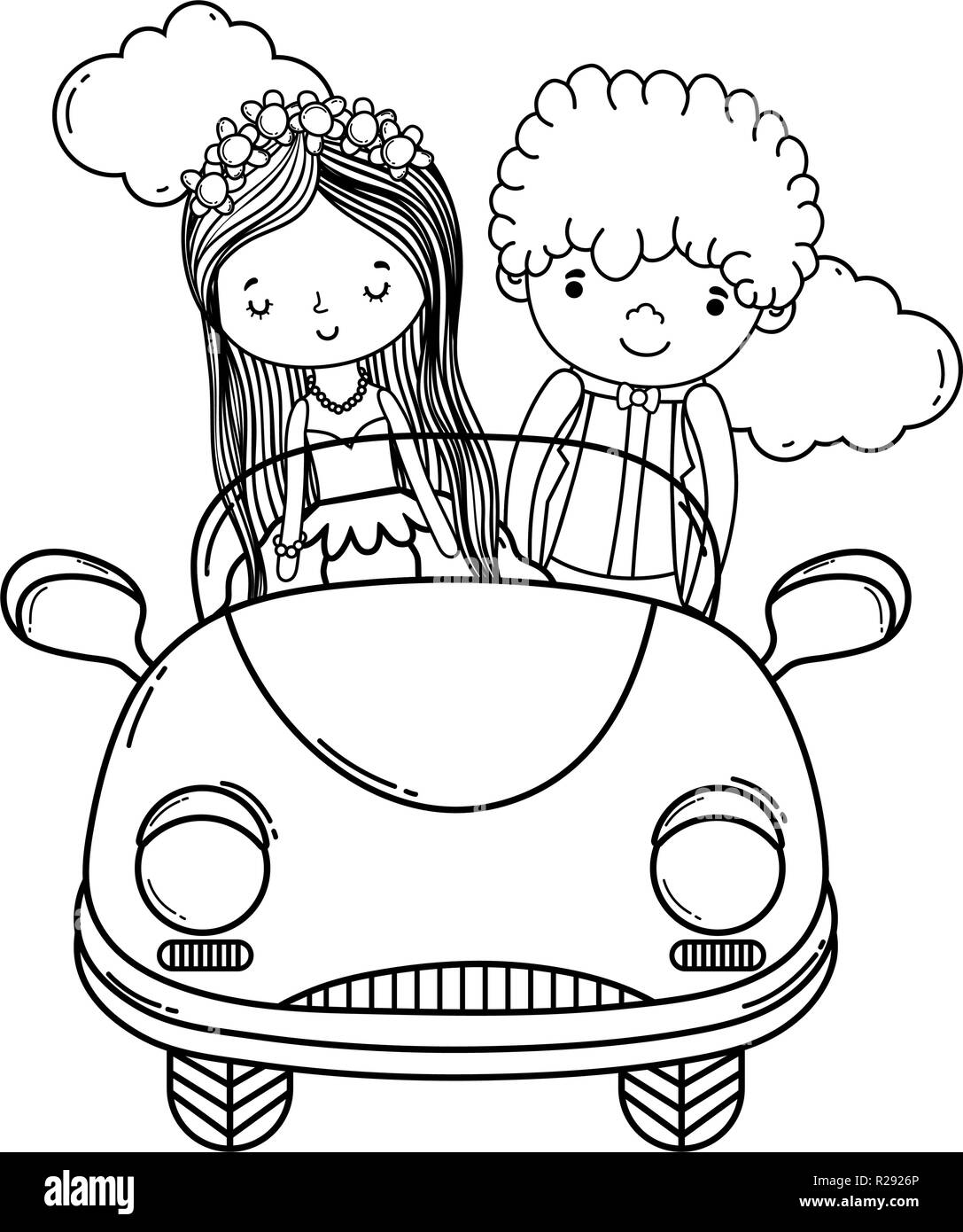 Pareja de novios y coches de caricatura en blanco y negro Imagen Vector de  stock - Alamy