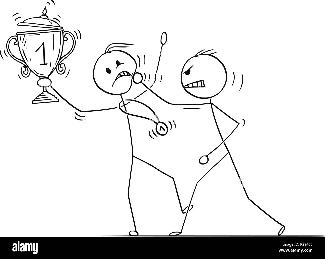 Caricatura de hombre o empresario atacando ganador con copa y Medalla Ilustración del Vector