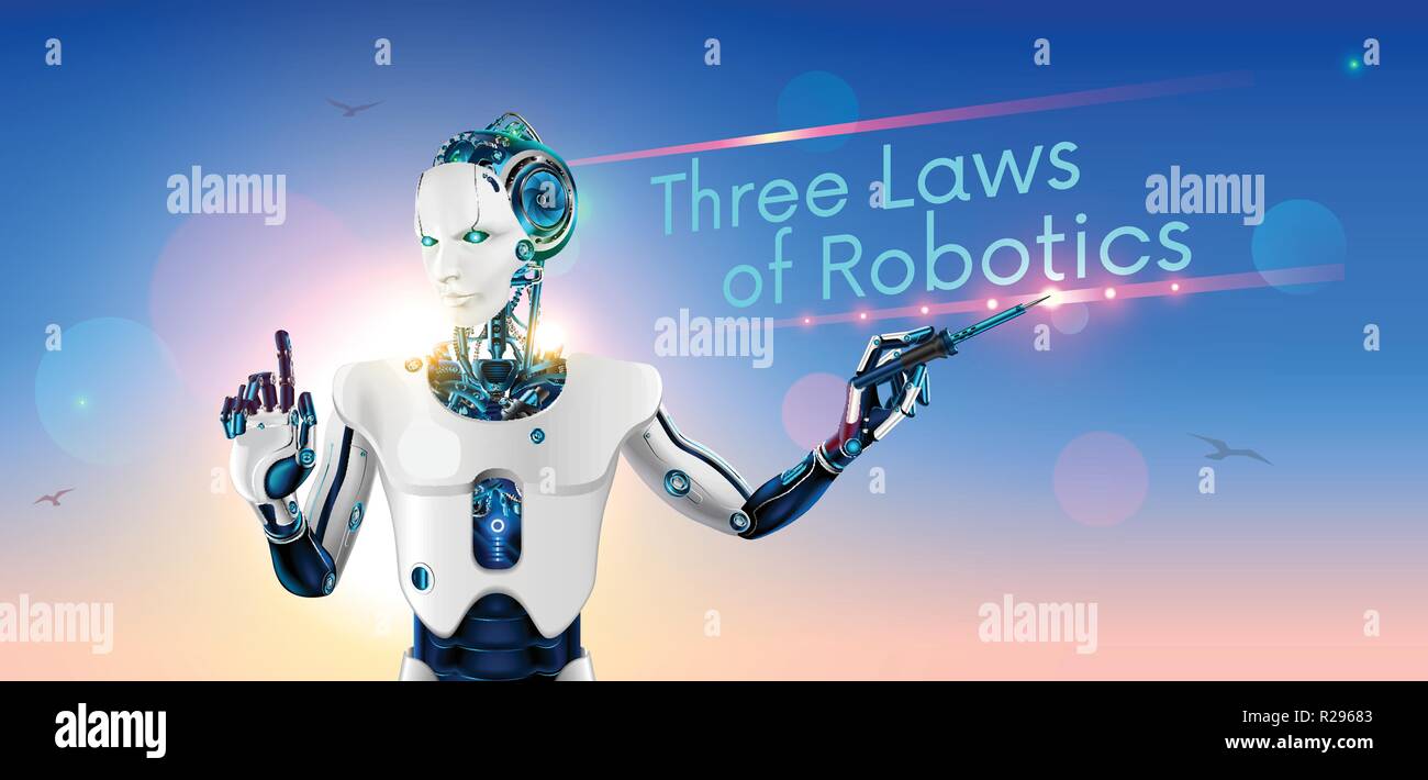 Robot-profesor o profesora cyborg con un puntero en la junta escolar.  Android humanoides con inteligencia artificial Robots enseña a otras tres  leyes de la robótica. Machine Learning Future Concept Imagen Vector de
