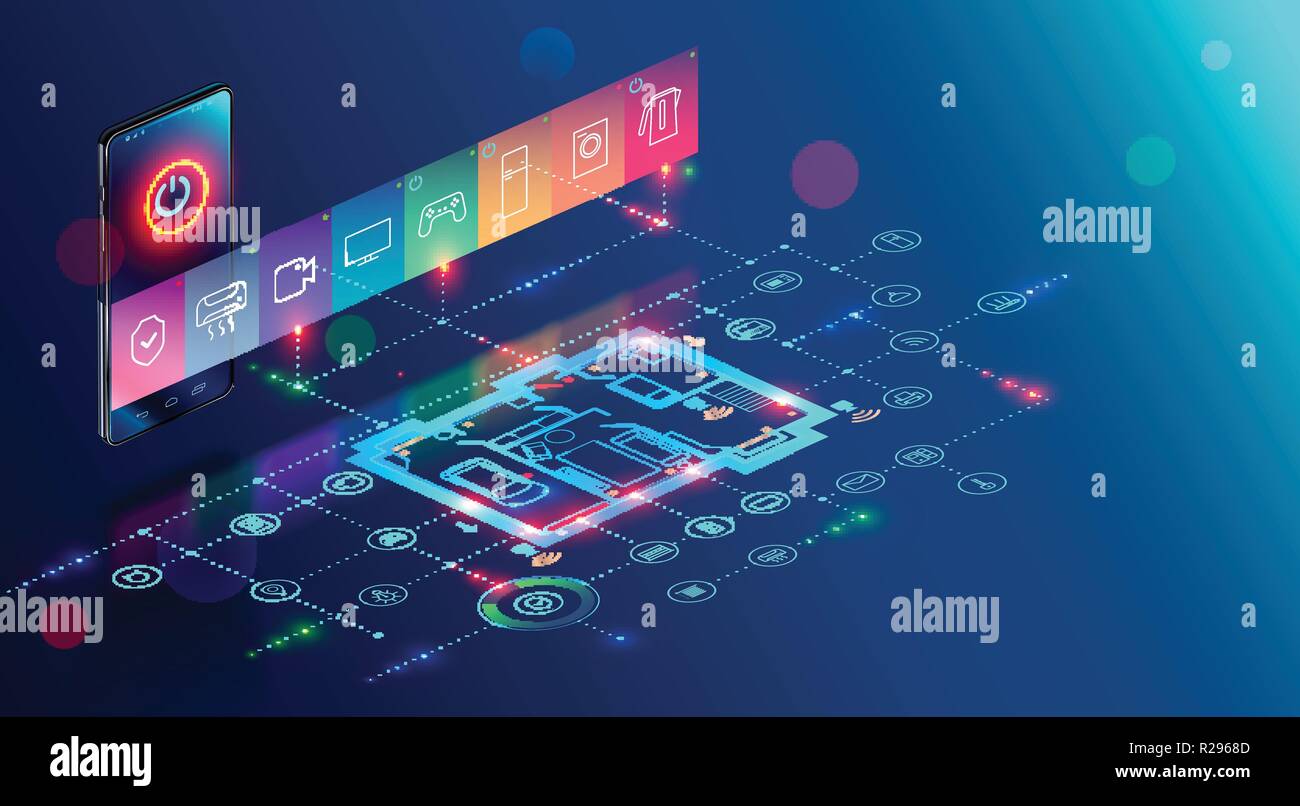 IOT concepto isométrica. app móvil de hogar inteligente controla la Internet de las cosas a través del teléfono. La tecnología del sistema de automatización de la casa Ilustración del Vector