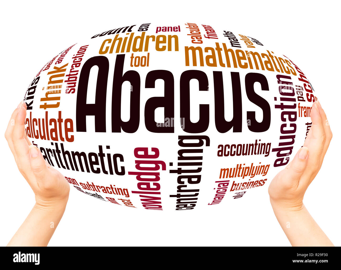 Abacus - boliche, palabra nube esfera mano concepto sobre fondo blanco. Foto de stock