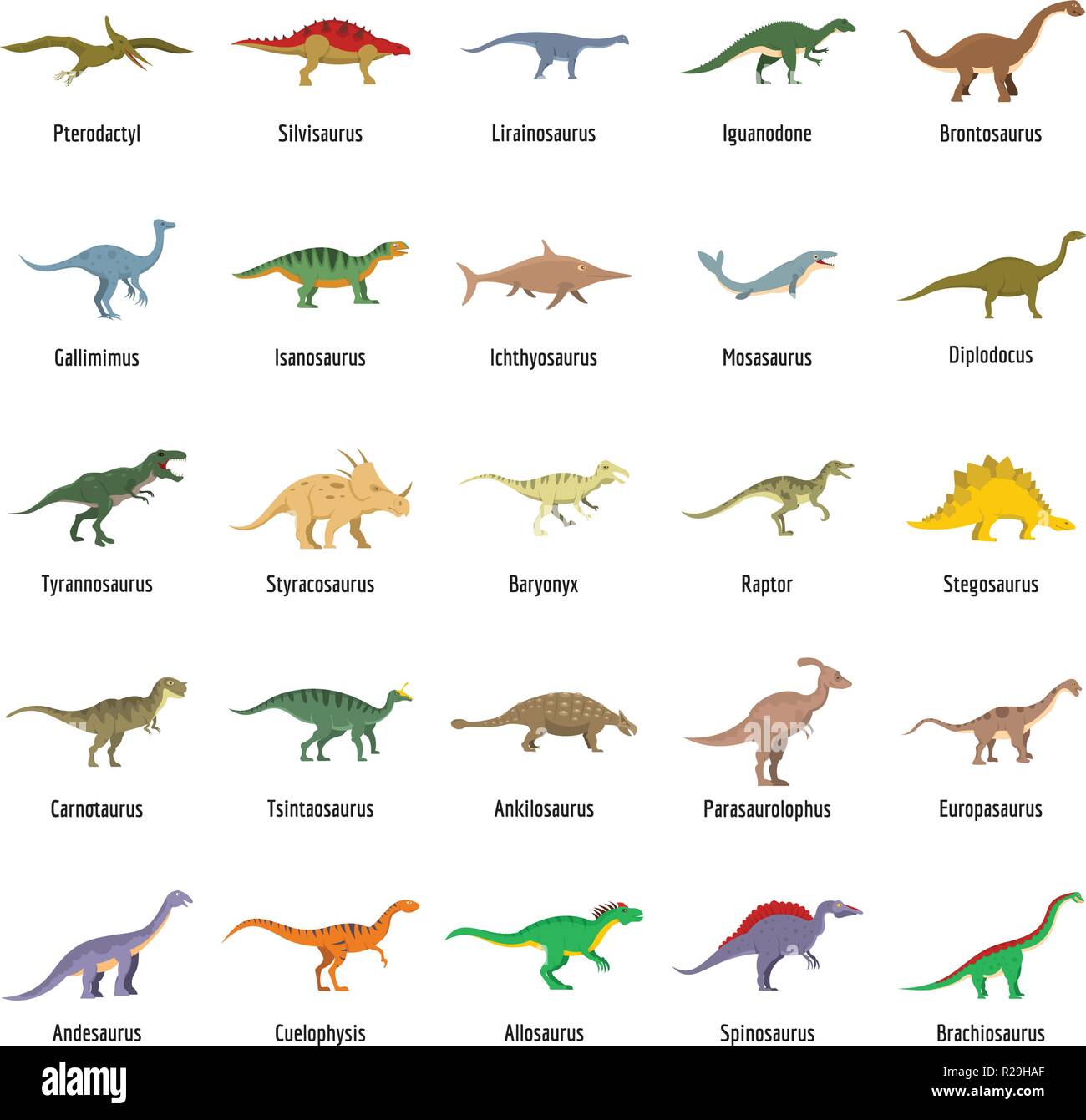 Tipos de dinosaurios firmado nombre conjunto de iconos. Ilustración plana  de 25 tipos de dinosaurios firmado nombre vector iconos aislado en blanco  Imagen Vector de stock - Alamy