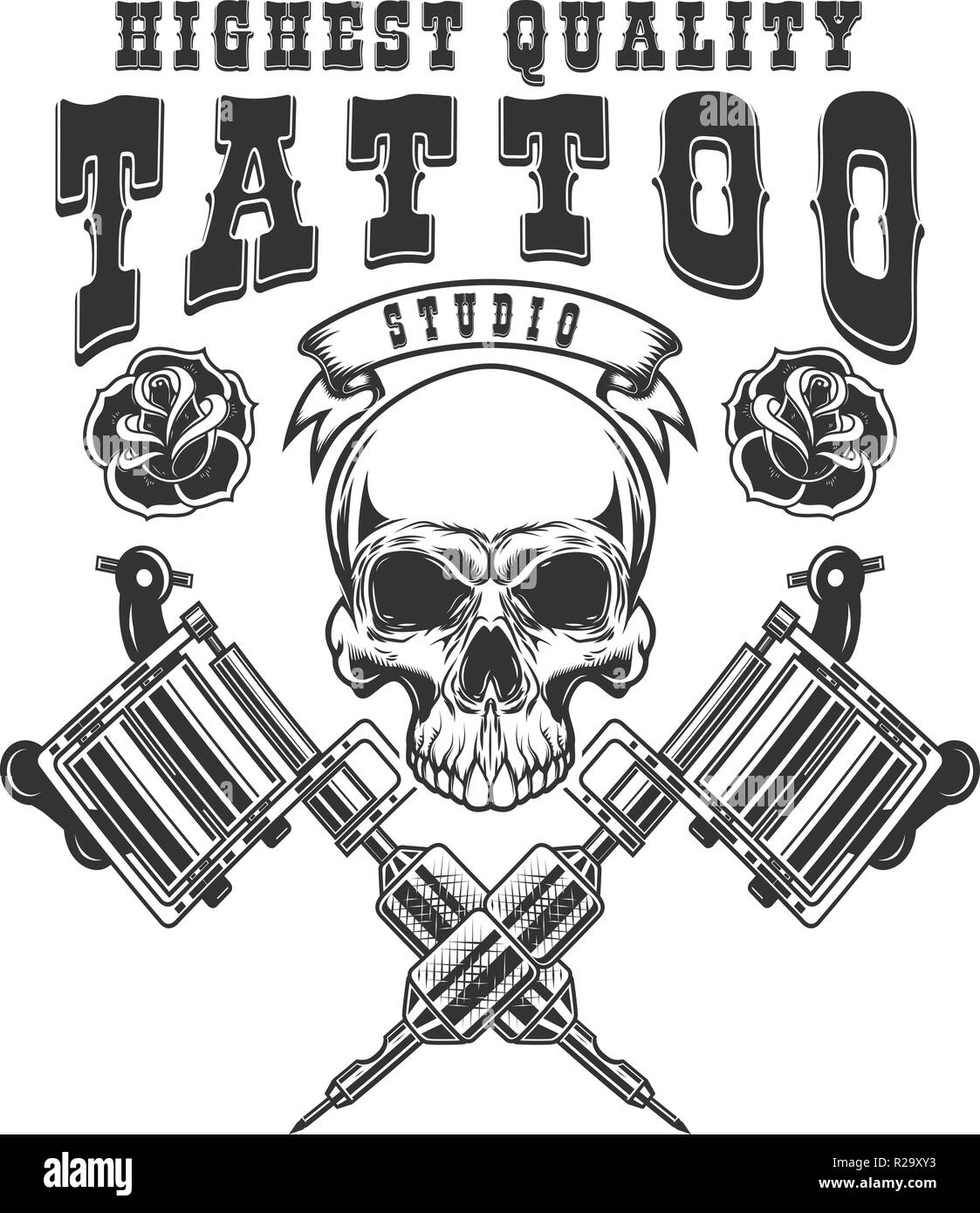 Tattoo Studio emblema plantilla. Cruzó la máquina del tatuaje, cráneo, rosas. Elemento de diseño para el logotipo, la etiqueta, el cartel, poster, camiseta. Ilustración vectorial Imagen Vector de stock - Alamy