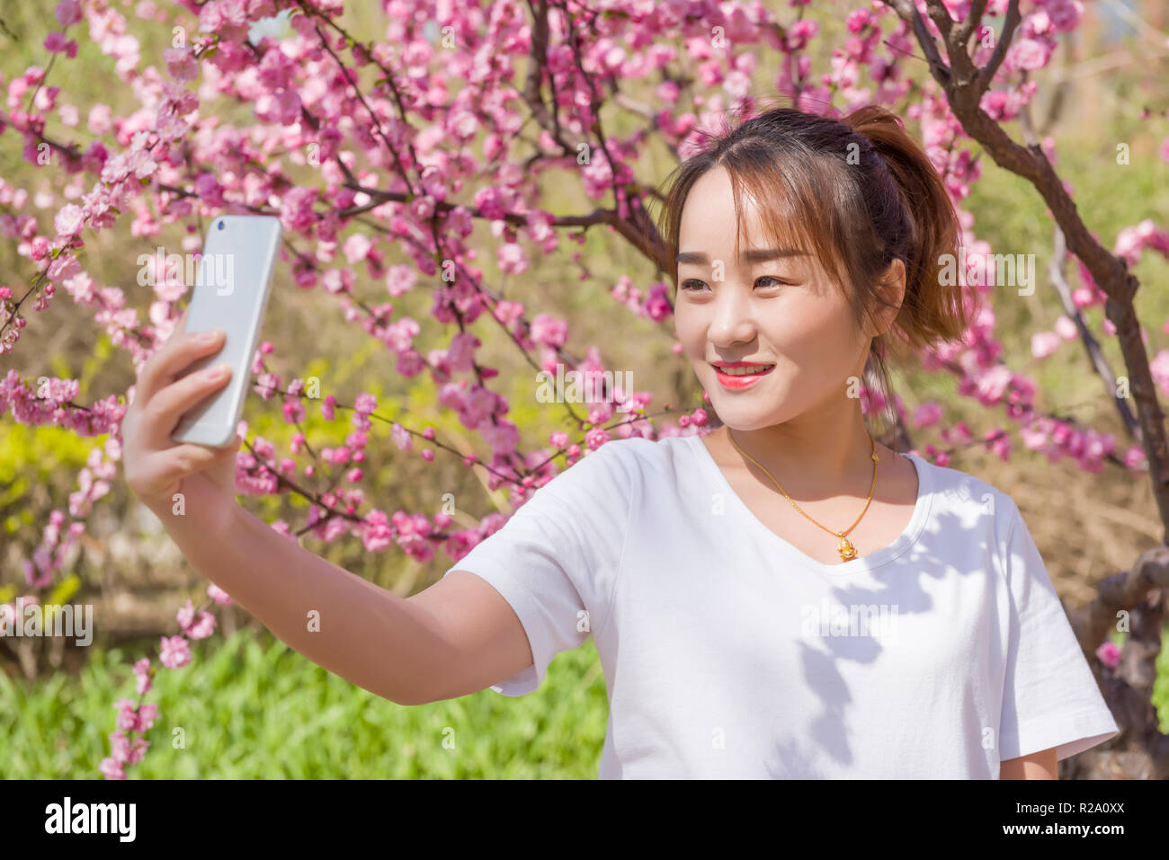 Mujer sonriente tomando un selfie con Spring Flower Foto de stock