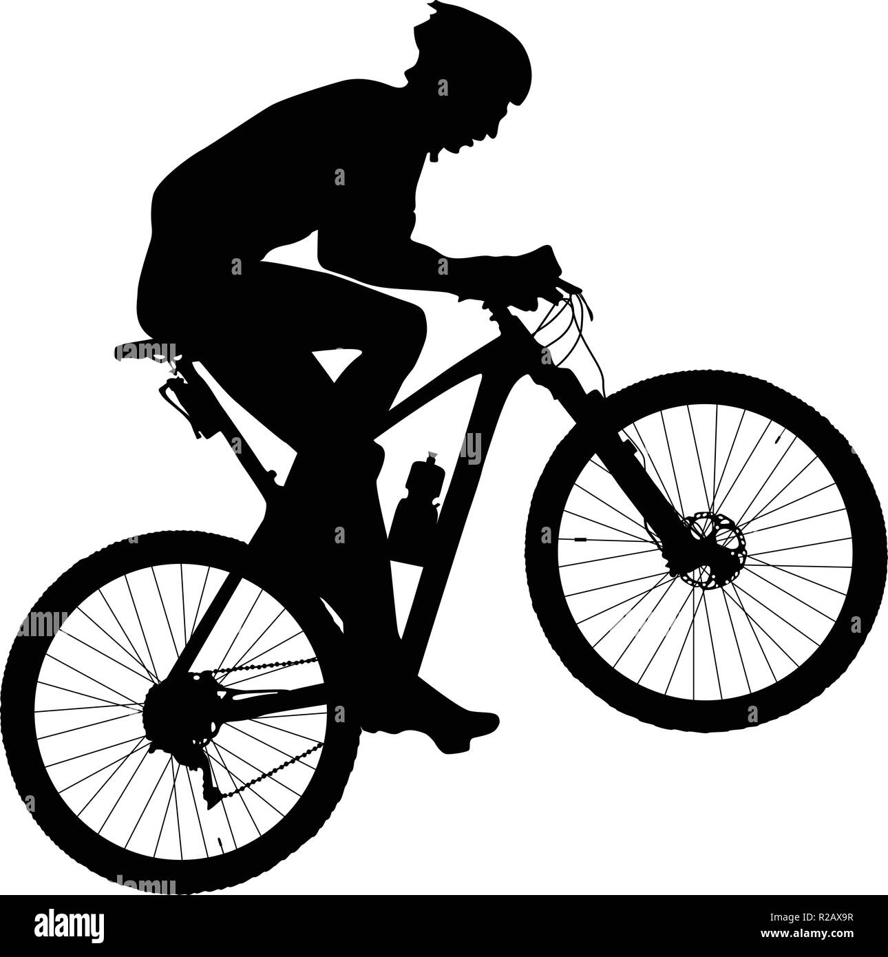 El hombre ciclista ciclista de montaña equitación silueta negra cuesta arriba Ilustración del Vector