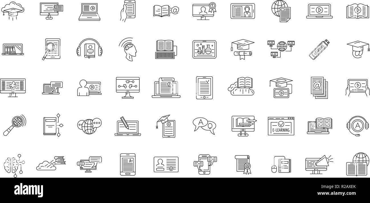 Iconos de formación de e-learning. Ilustración del esquema de formación de e-learning de 50 iconos vectoriales para web Ilustración del Vector