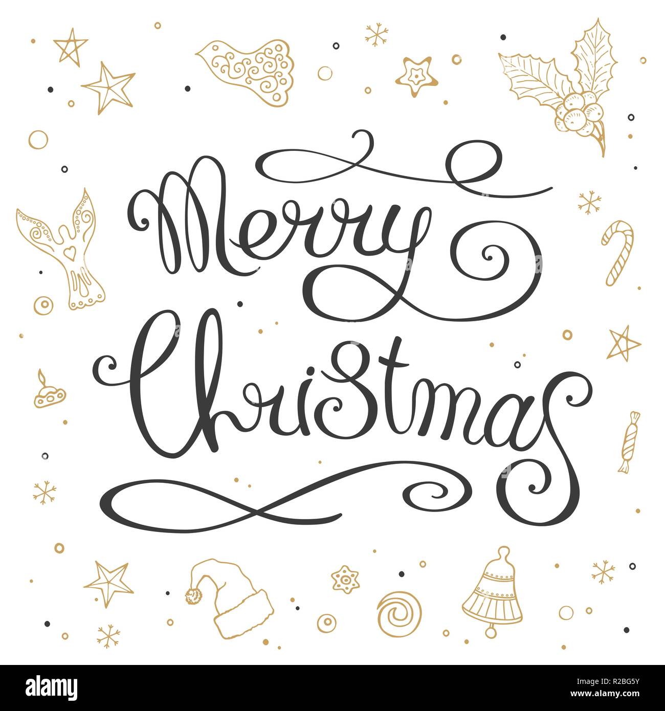 Letras hechas a mano la frase "Merry Christmas" decorado con elementos  festivos de oro. Diseño de caligrafía hand-drawn Plantilla de tarjeta.  Aislado en blanco Imagen Vector de stock - Alamy