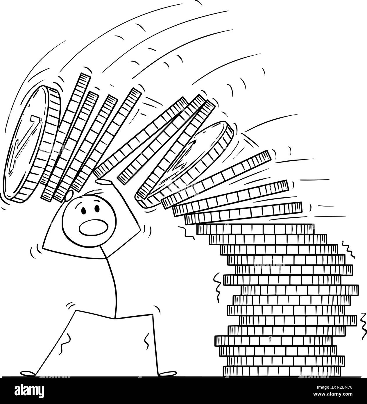 Caricatura de hombre o empresario bajo caída de montón de monedas Ilustración del Vector