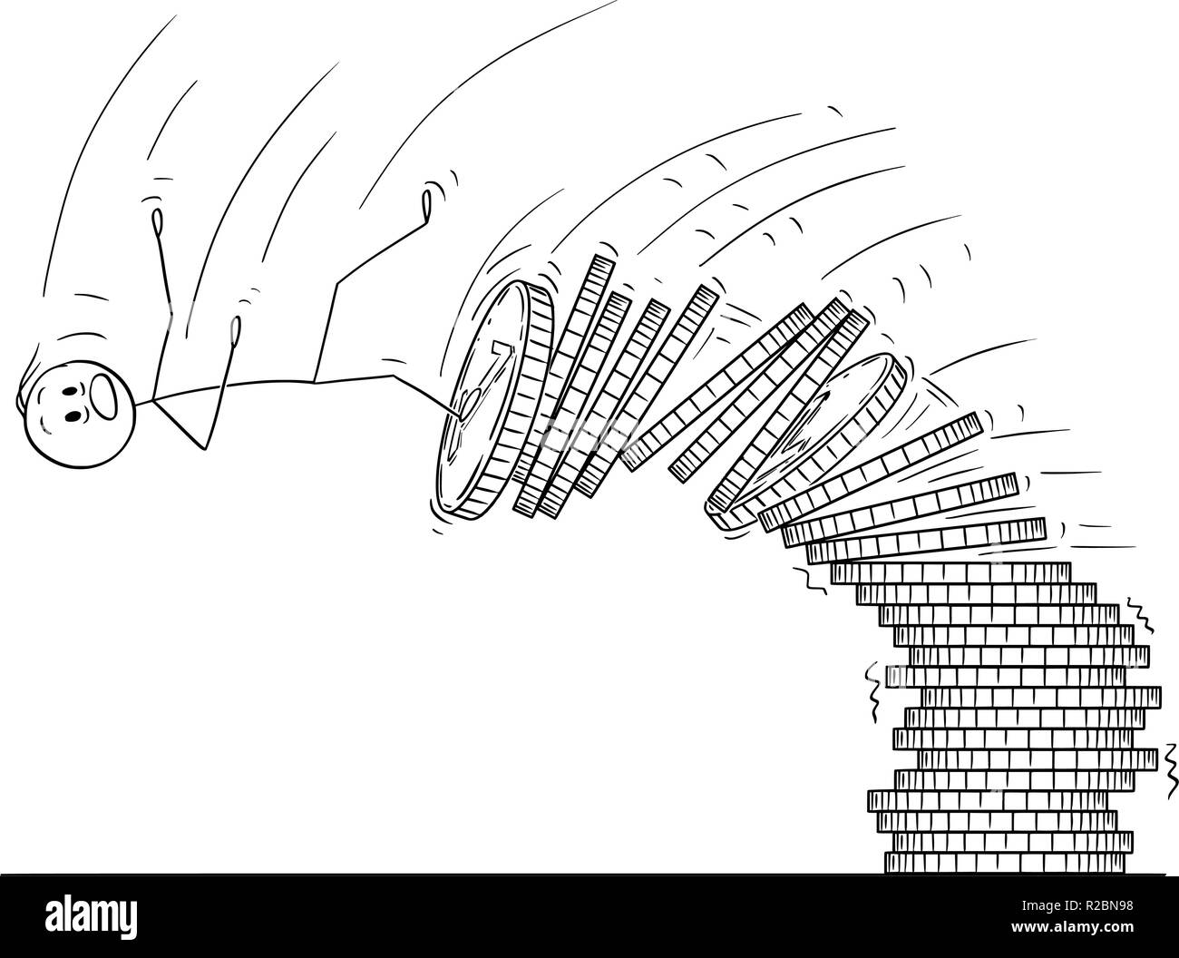 Caricatura de hombre o empresario cayendo del montón de monedas Ilustración del Vector