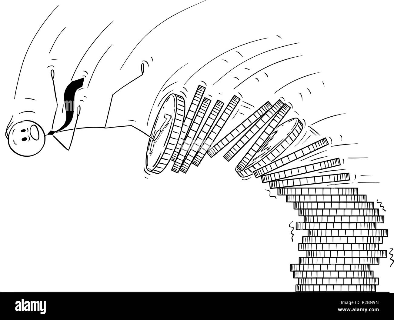 Caricatura de hombre o empresario cayendo del montón de monedas Ilustración del Vector