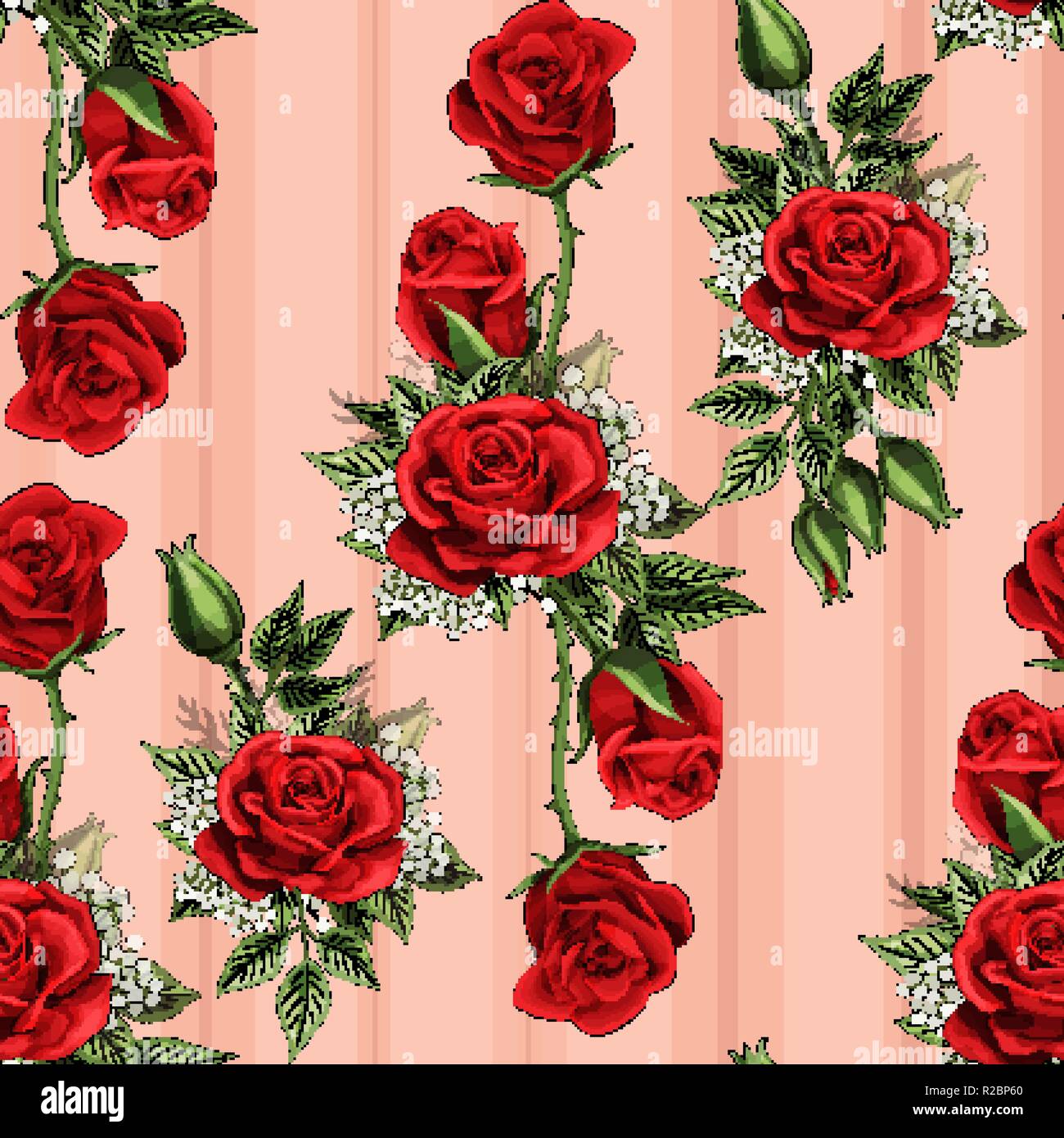 Bouquet de flores rosas rojas se disemina elementos reductor patrón
