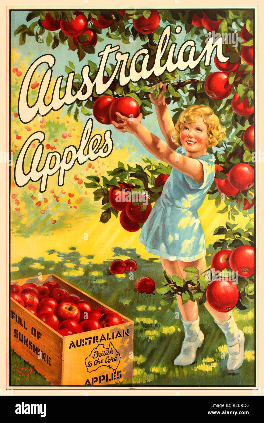 Vintage poster publicitario para el australiano Manzanas - "British al núcleo' por F. Giles Kenwood -con una joven chica rubia en un huerto recogiendo manzanas 1930 Cartel publicitario australiano Foto de stock