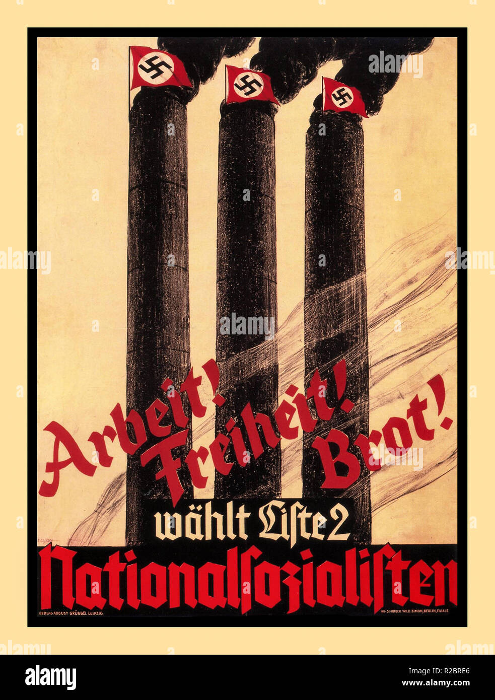 1930 Vintage Póster de propaganda Nazi de "LA LIBERTAD DE TRABAJO DEL PAN" del Partido Nacional Socialista Alemán (NSDAP) el póster de la campaña político-electoral, para la Lista Regional de Prusia 2 Nacional-socialismo. El póster de la campaña política para las elecciones Landtag prusiano el 24 de abril de 1932 Foto de stock