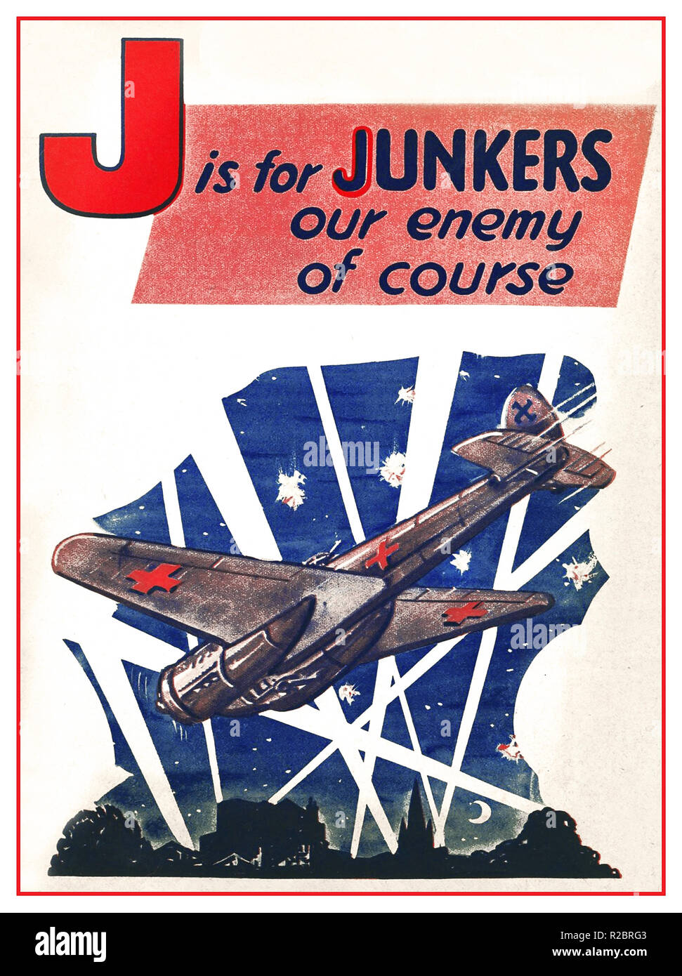 1940 'J es para Junkers nuestro enemigo naturalmente" gráfico simple propagnda ilustraciones en WW2 libro escolar de los niños, Gran Bretaña Foto de stock