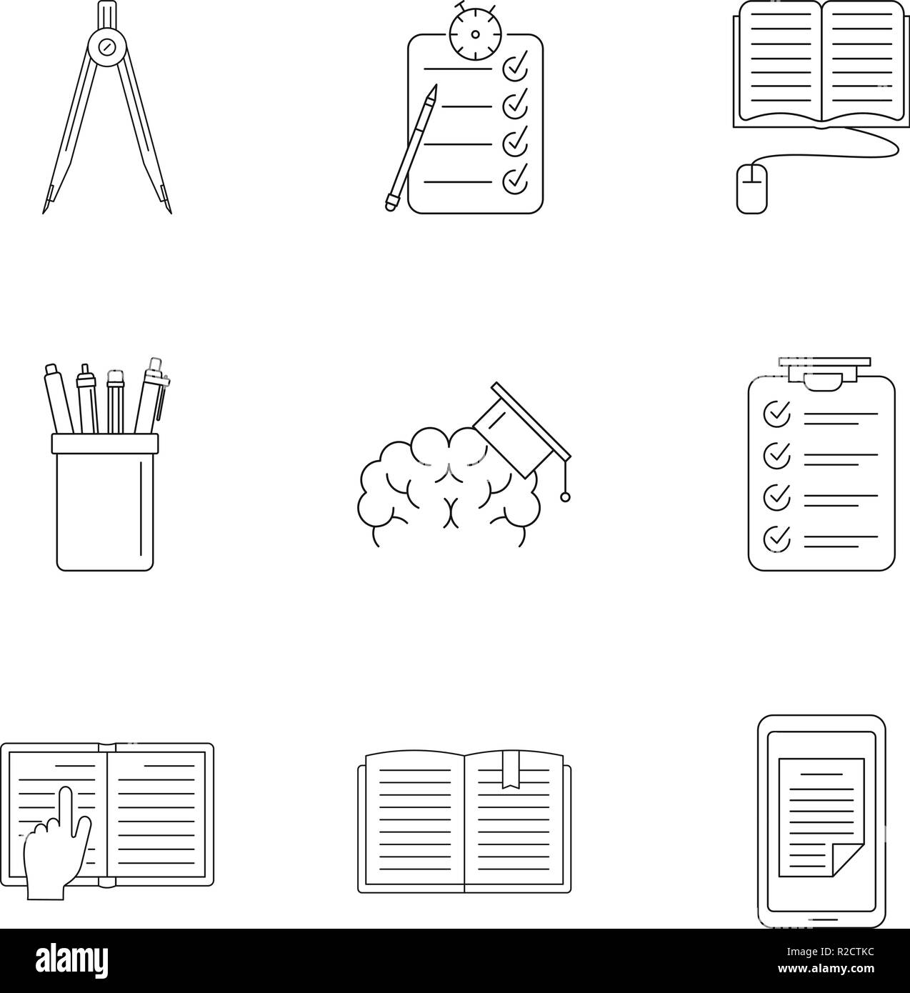 Iconos de herramientas escolares. Esquema establecido de 9 herramienta  escolar vector iconos para web aislado sobre fondo blanco Imagen Vector de  stock - Alamy