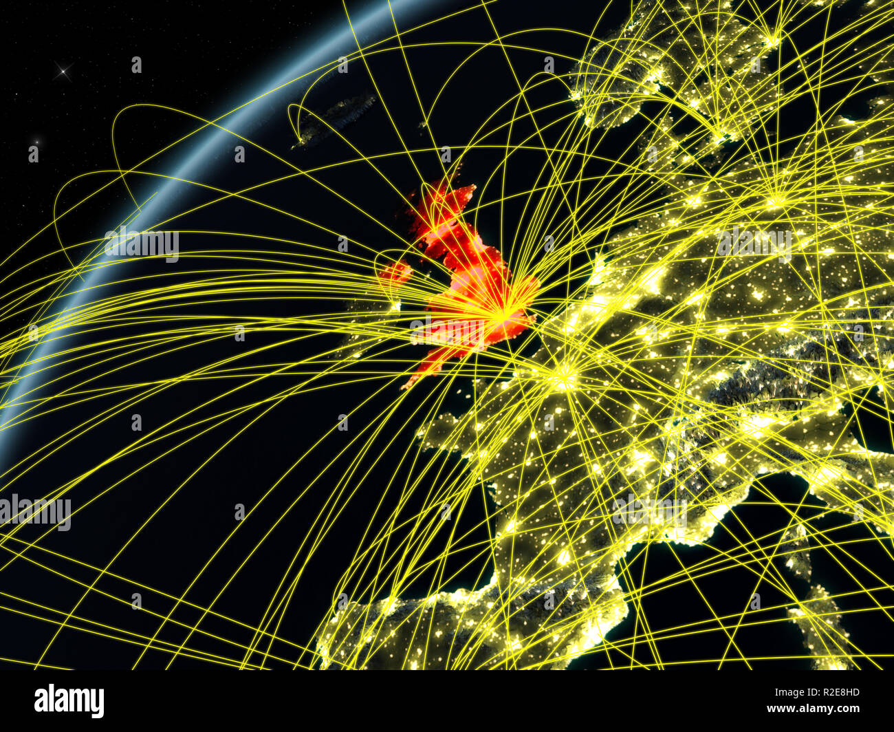 Reino Unido en el modelo del planeta Tierra en la noche con redes ...