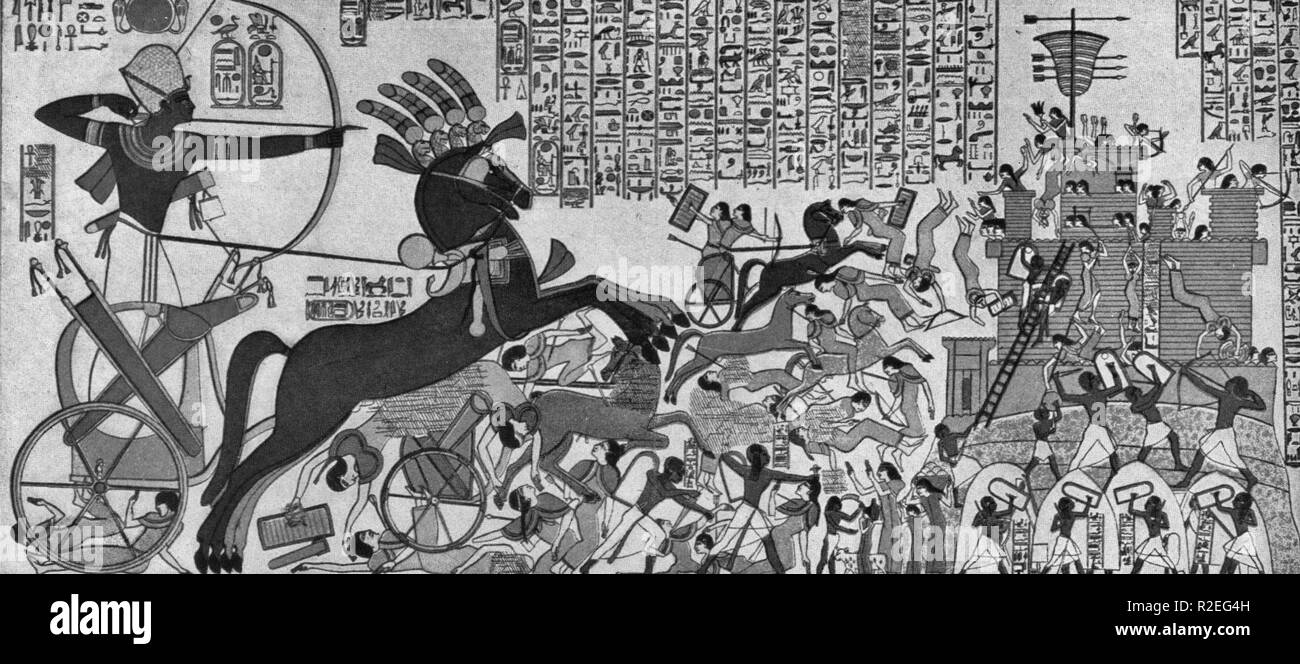 La victoria de Ramsés II sobre la gente Cheta y el asedio de Dapur. Tras un mural en el Templo de Ramsés II en Tebes Foto de stock