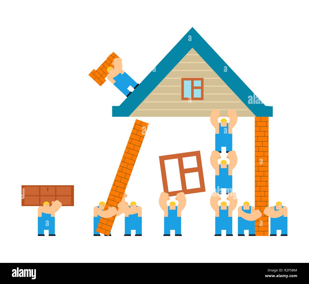 Constructores construcción de casa. estilo de dibujos animados. Los  trabajadores y el hogar. La albañilería y la construcción del techo.  Ventanas y puertas de fijación Imagen Vector de stock - Alamy