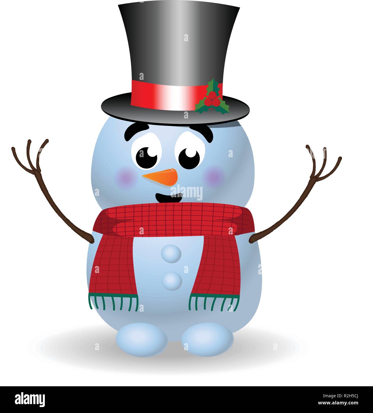Cute dibujos animados de muñeco de nieve en el sombrero de copa y bufanda de punto rojo con las manos sobre un fondo blanco. Ilustración vectorial, icono, signo, símbolo, icono Imagen Vector Cute dibujos animados de muñeco de nieve en el sombrero de copa y bufanda de punto rojo con las manos sobre un fondo blanco. Ilustración vectorial, icono, signo, símbolo, icono Imagen Vector