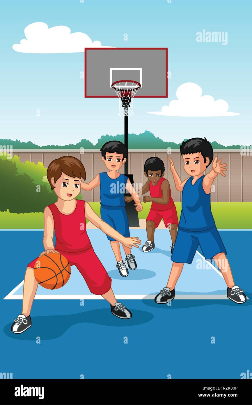 Una Ilustracion Vectorial De Grupo Multietnico De Ninos Jugando Baloncesto Imagen Vector De Stock Alamy