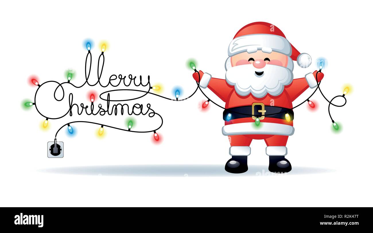 Feliz Navidad banner con divertidos Santa Claus y texto manuscrito como una guirnalda de luces de Navidad. Ilustración vectorial. Ilustración del Vector